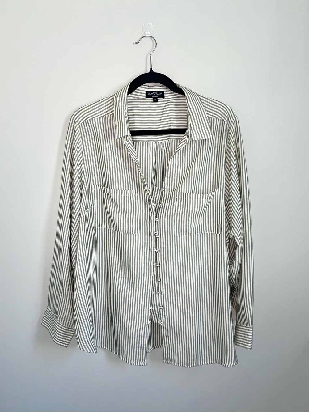 Velvet Heart Sage Green and Ivory Striped Button-Up Blouse 2X